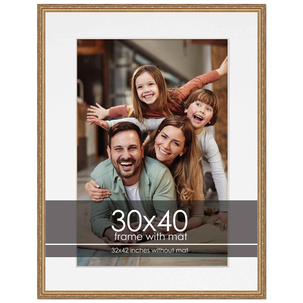 Antique Gold Frame with White Photo Mat, UV Acrylic Front, Foam Board Backing, 60 Sizes Available